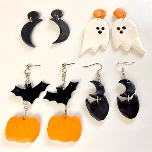 Halloween Earrings Handmade Polymer Clay Copper Korean Velvet Ghost Pumpkin Bat Cat Moon Jewelry Women Kids