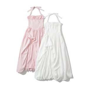 Halter Maxi Dress Polyester Backless Tie Up Pleated Bubble Hem Elegant Vacation Party Sleeveless Solid Color For Women