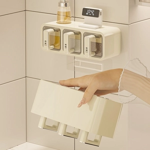Wall-mounted cream seasoning box set with three transparent spice jars and handles