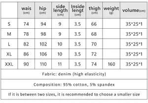 Größentabelle für Stretch-Denim-Shorts mit niedriger Taille, Maße von S bis XXL in cm