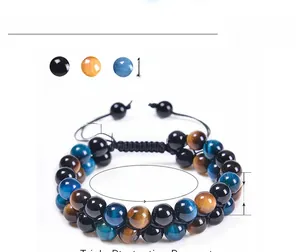 Detailed chart of adjustable 8mm tiger eye and obsidian double-layer beaded bracelet