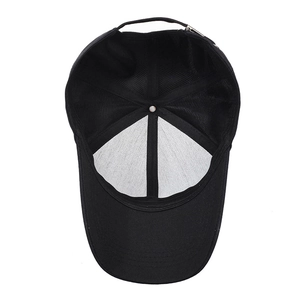 Black cotton baseball cap showing internal six-panel structure and metal buckle