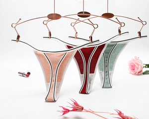 Three colors of ribbed cotton thong panties with contrasting elastic edges on metal hooks