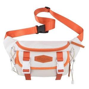 White nylon sports crossbody waist bag with vibrant orange straps and buckle details