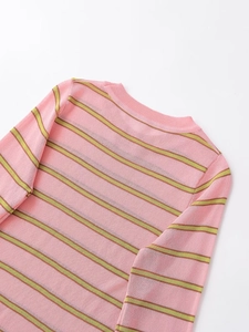 Detail of pink and olive green striped knit sweater neck with fine ribbed texture