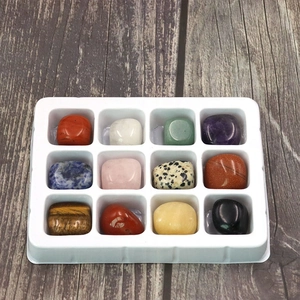 Natural crystal stone collection with 12 assorted polished mineral gems in a display box