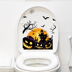 Detailed Halloween toilet sticker featuring spooky pumpkin, haunted house, and bats patterns