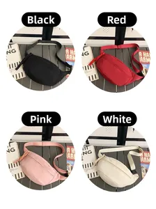 Detailed grid of casual waist bags in black, red, pink, and white nylon material