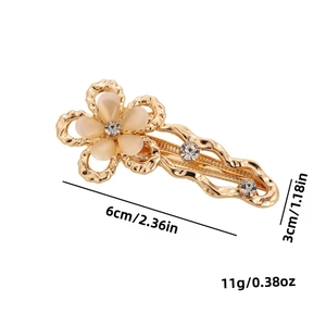 Y2K gold flower hair clip with beige opal petals and rhinestones, shown with dimensions