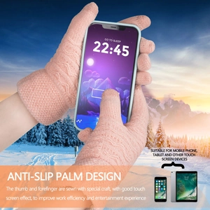 Pink wave-pattern knit gloves featuring touchscreen fingertips and anti-slip palm design