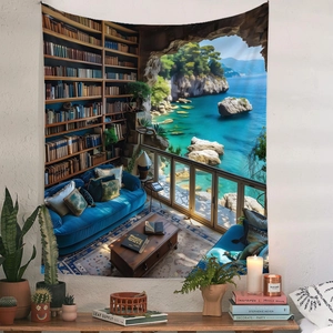 Detail showing a surreal landscape tapestry with a bookshelf merging into a coastal cave view