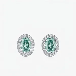 Oval Mint Green Moissanite Halo Stud Earrings 925 Sterling Silver For Women Elegant Vintage Jewelry Skin Friendly