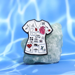Creative medical uniform enamel pin with stethoscope and heart icons on blue background