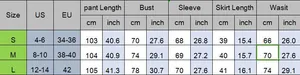 Detailed size chart for lace top and flared pants set showing S, M, L measurements