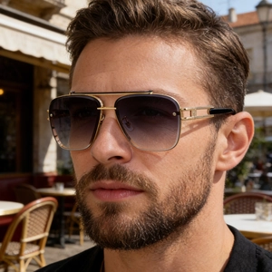 Fashionable gold frame aviator sunglasses for men with purple gradient rimless lenses