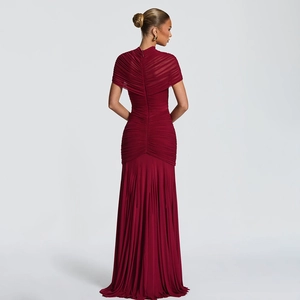 Elegant wine red backless maxi evening dress with ruched detail and slim fit mermaid cut