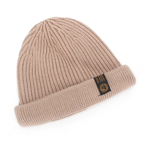 Close-up of beige ribbed knit beanie with black woven GIGGER label and gold text detail