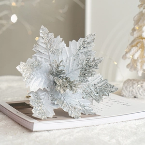 Artificial Christmas Poinsettia Flowers Glitter Fabric Ornaments For Tree Home Festive Decor
