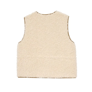 Back view of cream sherpa vest with brown piping and adjustable waist feature
