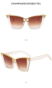 Detailed side and front view of cat eye sunglasses with champagne gold metal frames