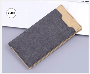 Detail of grey and khaki canvas wallet showing precision stitching on office desk background