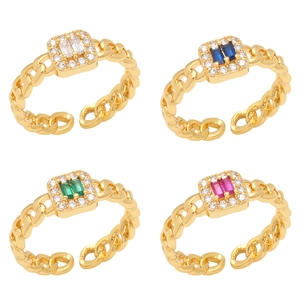 Verstelbare Ring Voor Dames Koper Zirkonia Dubbele Rechthoekige Steen Cuban Link Retro Elegante Statement Sieraden