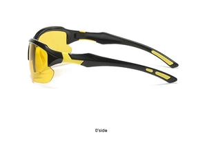 Side view of outdoor sports sunglasses with yellow lenses and black yellow frame