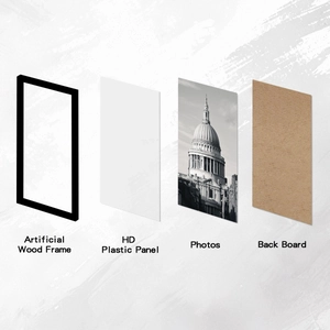 Exploded view of artificial wood frame set components including HD panel and backing board