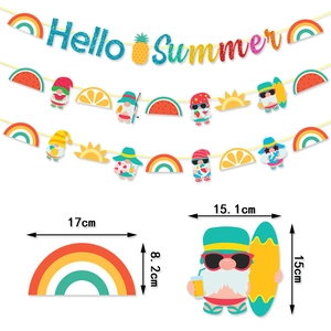 Hello Summer banner with rainbow, watermelon, and gnome icons for party decorations