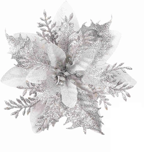 Detail of silver glitter artificial Christmas flower with layered pointed petals for tree decor