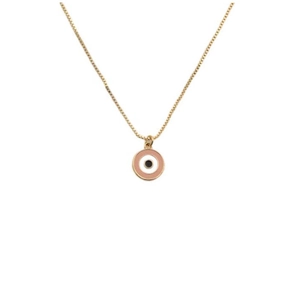 Golden necklace with pink enamel evil eye pendant on a clean white background
