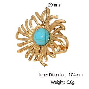 Dimensions détaillées de la bague soleil dorée 18 carats avec perle turquoise et poids