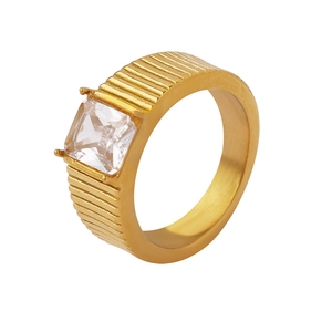 Gold striped band ring with square cubic zirconia stone in a minimalist French style