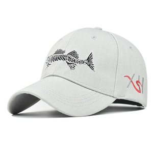 Close-up of 3D fish bone embroidery and red artistic lettering on grey baseball cap