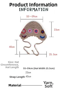 Size guide for crochet floral bonnet showing dimensions of 55-60cm cap circumference