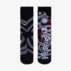 Gothic Alice in Wonderland crew socks featuring rabbit and tea cup patterns on black cotton