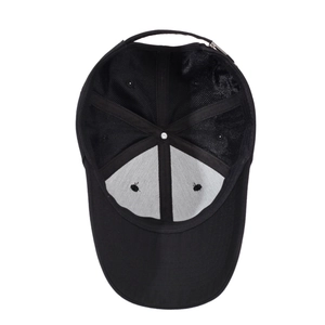 Classic black baseball cap interior with reinforced stitching and metal adjustable buckle