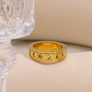 Moon Phase Spinner Ring For Women Stainless Steel 18K Gold Plated Zircon Inlay Rotating Relief Band Jewelry