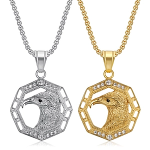 Hip Hop Edelstahl Adler Kopf Anhänger Halskette Gold Silber Galvanisiert Achteck Strass Eingelegt Totem Schmuck Für Herren