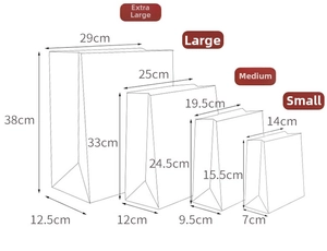 Size chart for starry sky gift bags showing dimensions for small, medium, large, and XL