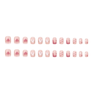 Press-on nails set with pink feline patterns, cute heart prints and cat paw designs