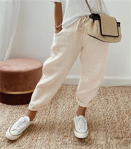 Damen Freizeithose in Cremeweiß aus Baumwollleinen mit Kordelzug und Taschen