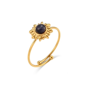 Macro detail of adjustable sun ring featuring purple stone in 18K gold plated steel