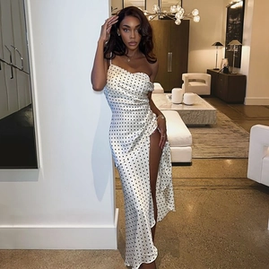 Polka Dot Maxi Dress Cowl Neck Backless High Split Sleeveless Sexy Satin Summer Fashion For Women