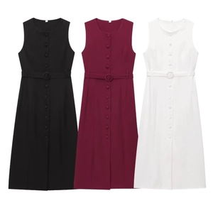 Sleeveless button-down dress with matching waist belt in black, white, and burgundy colors