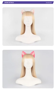 Close-up of handmade faux fur cat ears on golden wig showing detailed plush texture