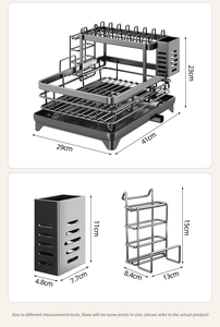 Dimensions détaillées de l'égouttoir à vaisselle noir à deux niveaux et accessoires