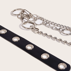 Double-layered hip hop pants chain with black faux leather belt and silver metal grommets