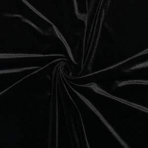 Detailed macro shot of black velvet fabric showing lustrous texture and spiral folds