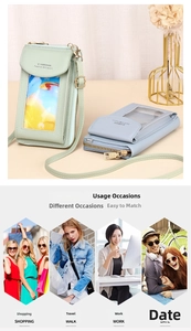 Detail of touchscreen window and dual color PU leather mobile phone crossbody bags